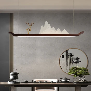 Led окачен лампа TEMAR в китайски стил, творчески правоъгълна полилей в стил на Дзен с шарките на хълма за домашна трапезария чайханы