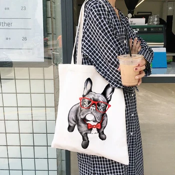 Чанта за френски булдог, дамски чанти, тъканно холщовая чанта-тоут, чанта за любителите на кучета, женски Еко-торбички за Еднократна употреба, Рамо чанти за пазаруване