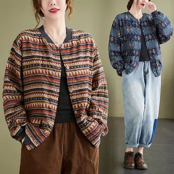 Дамски дрехи големи размери 2022, есенна ретро-риза от памук и лен, бейзболна форма, с кръгло деколте, универсална яке, блузи T241