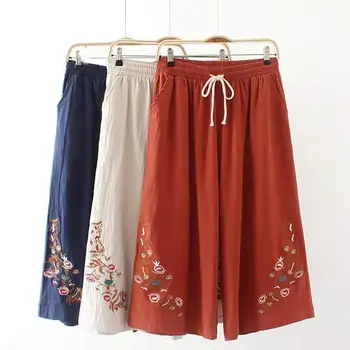LuckBN/ широки панталони от чист памук, с имитация на бродерии от памук и лен, свободни дамски ежедневни панталони дантела с висока талия