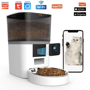 Автоматичен фидер на домашни любимци на Hristo с камера 6L Wifi Безжичен диспенсер за храна за котки и кучета Видео Автоматична ясла с купата за хранене App Control