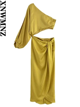 XNWMNZ, дамско Модерно висококачествено асиметрично атласное рокля Стил на купоните, Присборенная талия, Отварящ подгъва Отпред, дамски рокли Миди с прерязано