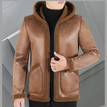 Яке от изкуствено кадифе агне, мъжки зимни двустранен облекло, ново ежедневното палто от дебела кожа, джоб с цип, приталенная горна дреха с качулка