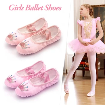 Балетные обувки с анимационни корона за момичета, детски танцов чехли, професионална мека подметка, женски балетные обувки за практикуване на йога и гимнастика за момичета