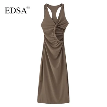 Жена винтажное трикотажное рокля midi EDSA с асиметрично деколте, гледки на талия, дълги рокли в плажен стил