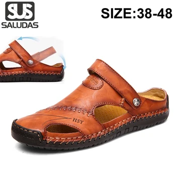 SALUDAS, мъжки сандали, нови летни улични ежедневни сандали от естествена кожа, нескользящие меки чехли голям размер, мъжки