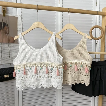 OUMEA Дамски блузи за плетене на една кука, летни блузи с бисерной ленти и кичури, всеки ден на прекрасни плажни върховете
