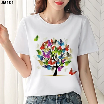 Новата женска тениска с принтом пеперуди и дърво в стил харадзюку, ежедневни бяла тениска с къс ръкав, модни градинска дрехи, блузи, тениски, дрехи