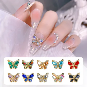 10 бр. Блестящи цветни кристални висулки-пеперуди за нокти, 3D блясък, циркон, Стъкло, кристал, Пеперуда, Декорации за нокти, Аксесоари