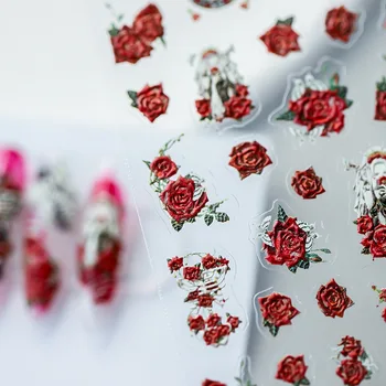 Червена Черна Кървава Роза Цвете Сърцето Череп Ужас Тъмната Кукла Дизайн Декорации За Нокти, Стикери Заек 3D Самозалепващи Стикери За Нокти
