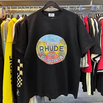 Нова Тениска с логото на RHUDE Hotel De Gustavia Оверсайз, Дамски Мъжки t-shirt-високо Качество, Ризи с къс Ръкав, тениска, мъжки дрехи, фитнес зала