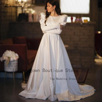 Lakshmigown Мюсюлмански жена в сватбена рокля с дълъг ръкав 2023, меки сатенени сватбени рокли принцеса на поръчка