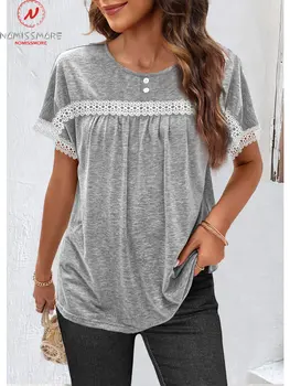Модни дамски летни обикновена тениска с усадочным дизайн, завързана интериор, кръгло деколте, къс ръкав, ежедневни свободни пуловери, топ