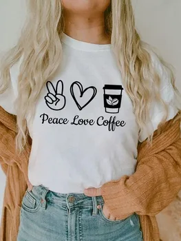 2022 Красиви Блузи, Тениски, Дамски Модни Peace Love Coffee, Риза в стил Харадзюку, Женска Тениска с графичен модел на 90-те години, Уллзанг, Забавна Кавайная Женска тениска