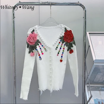 Уитни ВАН, дизайнерски стил 2023 пролетна мода градинска дрехи, вязаная тениска с 3D цветове, дамски тениски с къс ръкав, дамски блузи