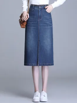 Дънкови поли с цепка отпред, пролет-есен, тънка права пола с висока талия, универсален модерен работни облекла, дънкови поли