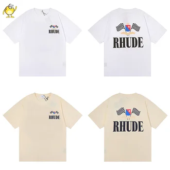 Мъжки и дамски лятна тениска с надпис RHUDE Оверсайз, свободни ежедневни тениски с кръгло деколте, класически черни, Бели, с къс ръкав