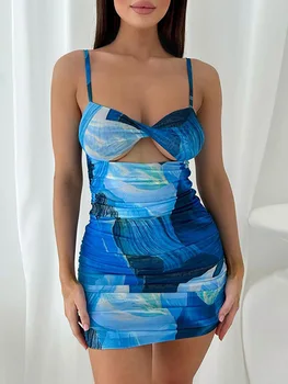 Women Short Pleated Dress Adjustable Strap Spaghetti Beach Vestidos De Verano Mujer 2023 Summer Robe рокля женски