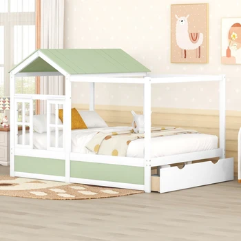 Пълен размер легло за къща с покрив, прозорец и чекмедже - Зелено + бяло