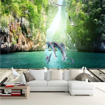 фотообои beibehang на поръчка Модерен делфин, плаващ гълъб, скала, морски туризъм, пейзаж, на фона на хола, на дивана, стенописи