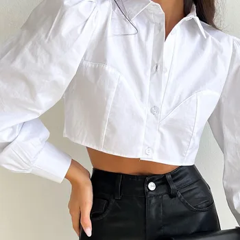 Модни Дамски блузи 2023, пролет-лято съкратен ризи с ревера и дълъг ръкав, дамски градинска дрехи, секси кратък бял топ