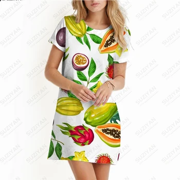 Дамски лятно хавайско плажна пола с плодове, тениски с 3D принтом, къс ръкав, дамски ежедневни пола с дължина до коляното с кръгло деколте