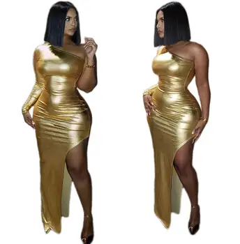 BKLD 2020 г., на новост, однотонное златното дебнещ рокля с едно рамо, секси рокля с висока облегалка и метален цепка, женски коктейл рокля с дълъг ръкав