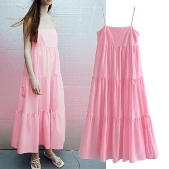 ZA 2021, пролетно-лятното модно дамско однотонное рокля midi в стил мозайка, ежедневна рокля за партита, дебнещ рокля на бретелях