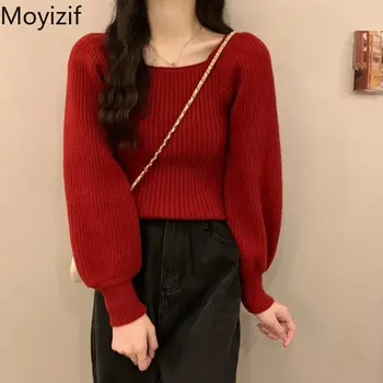 Moyizif Ретро пуловер с квадратна деколте и дълъг ръкав Свободни ежедневни пуловери Обикновена корейски модни потници 2023 Пролет Дамски блузи