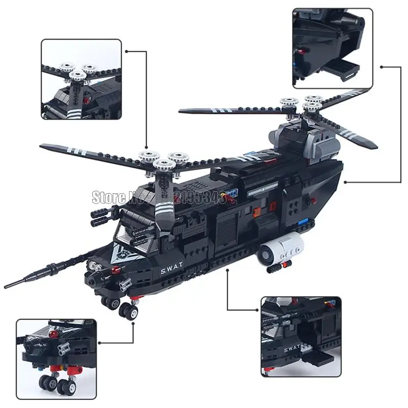 5123 767 бр., полицейски хеликоптер специални части, мотор, 3 кукли, Оръжия, момче, строителни блокове, тухла играчка