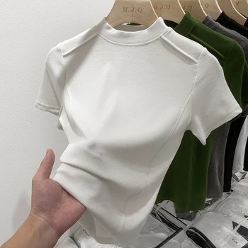 2023 Нови летни бели дамски тениски с яка-часова, модни корейски обикновена блузи с къс ръкав, ежедневни зелени тънки дамски ризи