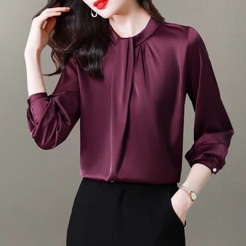Нова Сатен Елегантна Блуза с дълъг ръкав, Дамски Блузи Mujer De Moda 2023, Луксозен Офис Женска Риза OL, Дамски Ежедневни Блузи