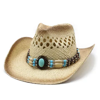 Цветна западна ковбойская сламена шапка, лятна мъжки и дамски фетровая шапка ръчна изработка, джаз фетровая шапка с големи извити полета, градинска и плажна рицарски шапка
