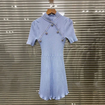 Сини копчета с тежки кристали, китайското рокля с яка чонсам, модерно еластично коварен трикотажное рокля в стила на рибя опашка, женствена рокля 2023, новост