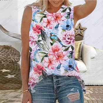 Модерна нова женска тениска свободно намаляване с 3D принтом, ежедневни дамски майк с голяма лятна цвете и пеперуда, без ръкави