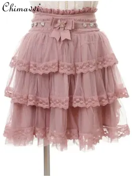 Пола с японски лък за студентки 2023, Лятна нова сладка розова пола от ламинирано тюл, дамски мини-пола, дамски дрехи
