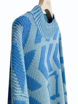 Жена вязаный пуловер с геометричен модел и кръгло деколте, нов дамски трикотаж свободно намаляване с дълъг ръкав, контрастиращи по цвят, пуловери, блузи, универсални