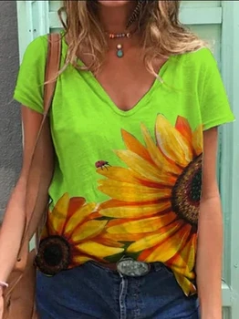 Годишният жена Топ с къс ръкав и 3D Принтом, Флуоресцентно Зелено, Уменьшающий възраст, Лек Стил на Улицата, Новост 2023 година
