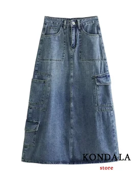KONDALA, ежедневни дамски дънкови дълга пола, обикновена джоба с цип, прави се за офис облекло, Пола, Модни 2023, Лято Mujer Faldas