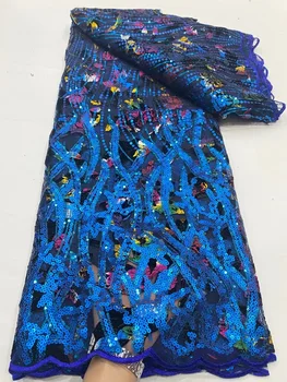 Кралското Синьо Африканска Лейси Плат с дължина 5 ярда 2023, Благородна френска Луксозна Тюлевая Плат с пайети в нигерия стил за шивашки сватбена рокля за абитуриентски бал