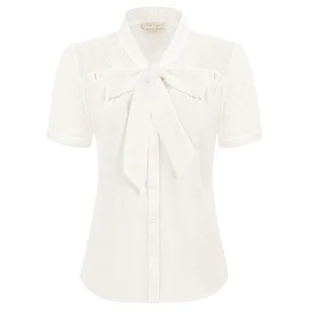 Дамски реколта риза в стил мозайка в швейцария грах, блузи с къс ръкав и копчета, офис блуза, копчета, Риза на райета, върхове с папийонка
