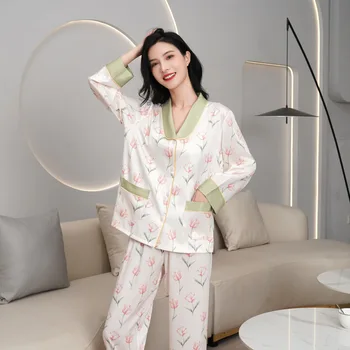 QSROCIO дамски демисезонная пижама от изкуствена коприна, тънки панталони с дълъг ръкав, комплект дрехи за дома, модни домашно облекло с флорални принтом