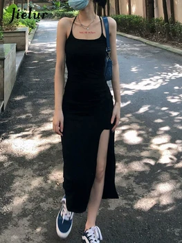 Jielur Сплит, обикновена секси дамски рокли без презрамки, френски стил, черно дебнещ Макси рокля без ръкави, дебнещ бедрата, вечерна рокля клуб