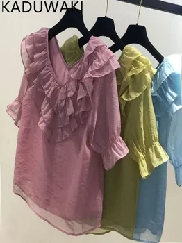 Корейски луксозни ризи с волани, обикновена блузи с дълъг изгорени ръкави, Елегантни, ежедневни блузы с V-образно деколте, Скъпа дамска мода Пролет-лято 2023