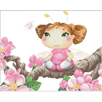 Amishop Gold Collection Комплект за бродерия на кръстат бод Little Pink Flower Fairy Goddess Peach Blossom