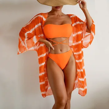2023, Нов модерен секси плажен стил, обикновен плажен бански с една вълнообразна модел, мрежест бански-бикини от три части