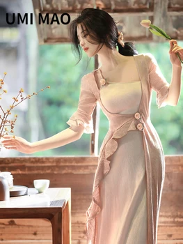 UMI MAO, ново китайското рокля, женски ново пролетно-лятно уникално нежна рокля Фея, цепене, малък дизайн, дълги рокли Femme