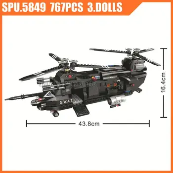 5123 767 бр., полицейски хеликоптер специални части, мотор, 3 кукли, Оръжия, момче, строителни блокове, тухла играчка