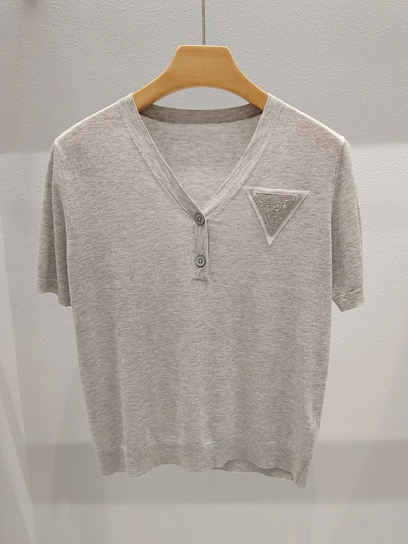 Дамски Летни новост 2023, малко коприна бельо пуловер с V-образно деколте, риза