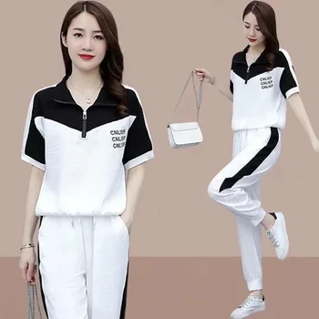 Летни Нови Модни Бели комплекти 2023, Женска тениска с цип и Спортни панталони, Женски темпераментна костюм от две части, елегантен черен